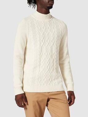 Strellson Men's Adrian Lambswool Cable Knit Turtleneck Sweater Cream Medium